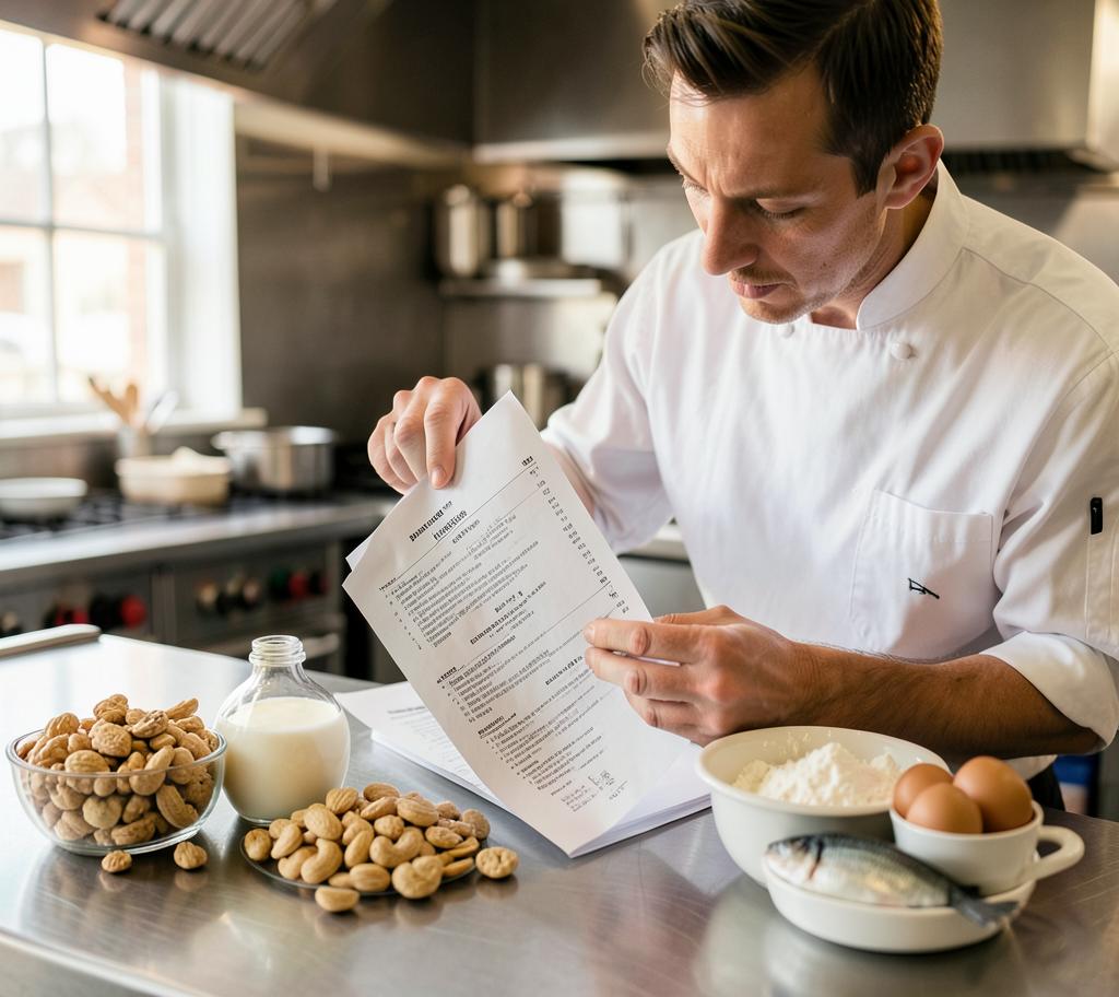 Koch prüft eine Rezeptdokumentation neben Zutaten wie Nüssen, Milch, Mehl, Eiern und Fisch
