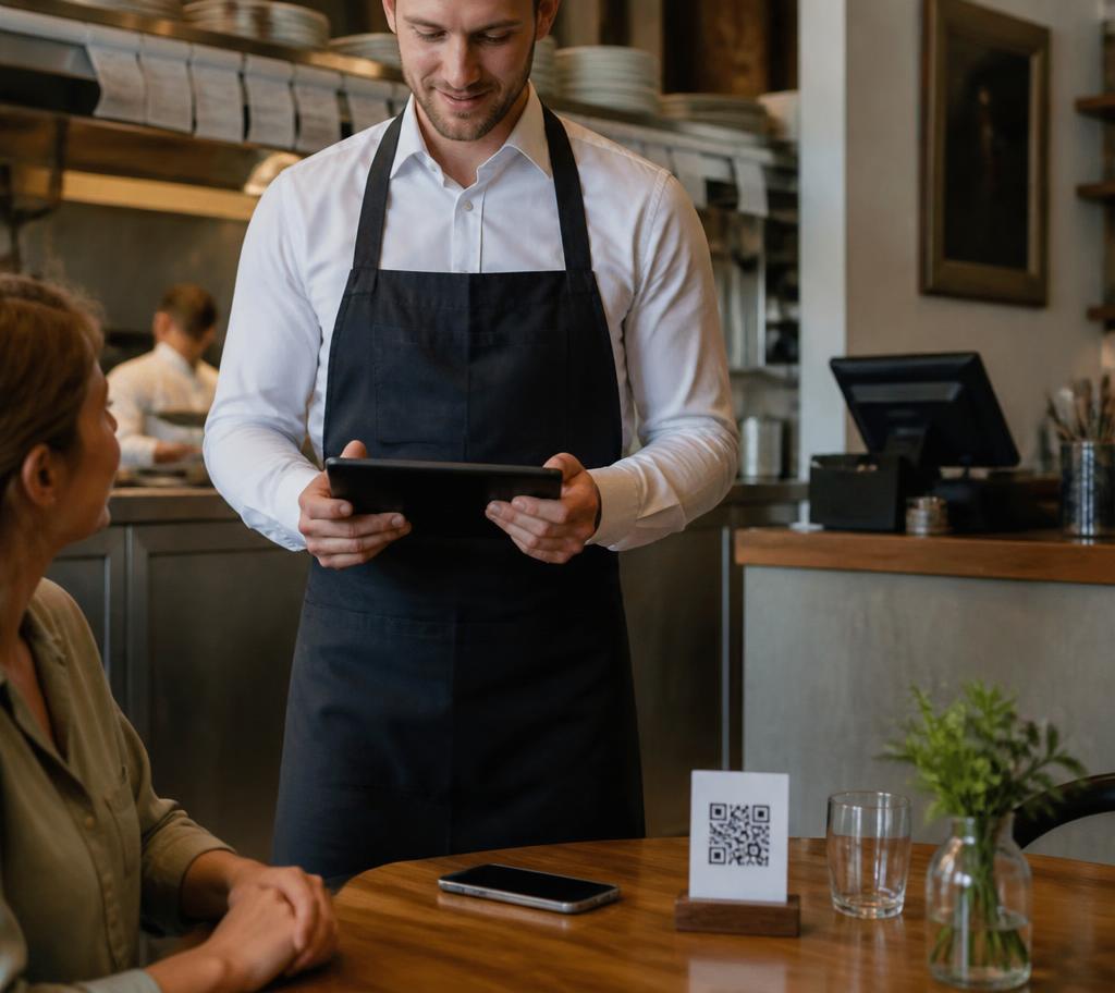 Service am Gasttisch mit QR-Aufsteller, im Hintergrund Küchenpass und Kassenterminal