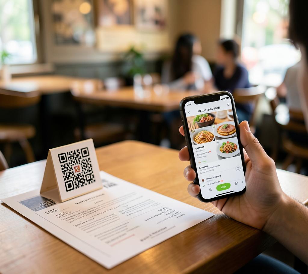 Gast scannt am Restauranttisch einen QR-Code, daneben liegt dezent eine Papierkarte bereit