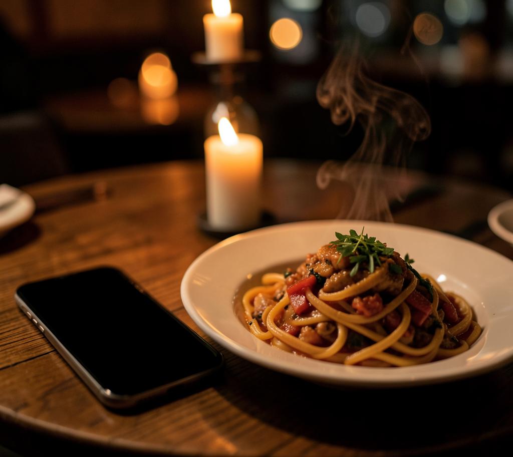 Smartphone liegt neben einem angerichteten Pastagericht auf einem Holztisch im warmen Restaurantlicht