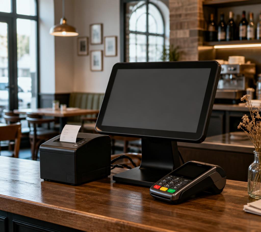 Kassenterminal, Bondrucker und Kartenterminal auf dem Tresen eines Restaurants