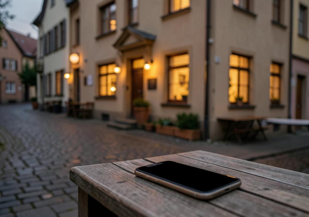 Außenansicht eines Restaurants in einer Kopfsteinpflasterstraße zur Dämmerung, im Vordergrund ein Smartphone auf einem Holztisch