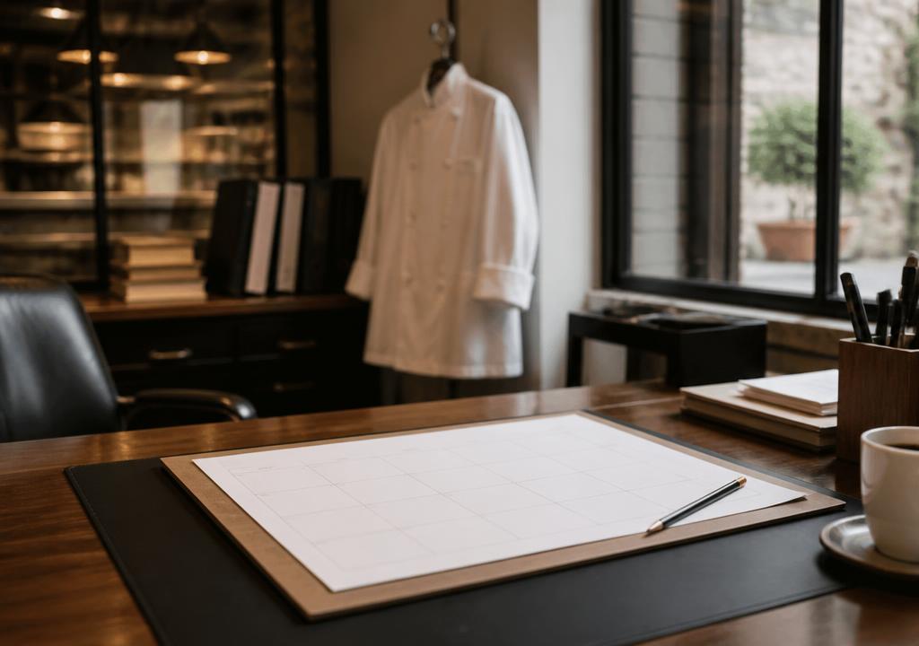 Schreibtisch im Backoffice eines Restaurants mit leerem Wochenplan-Raster, Stift und Kochjacke im Hintergrund
