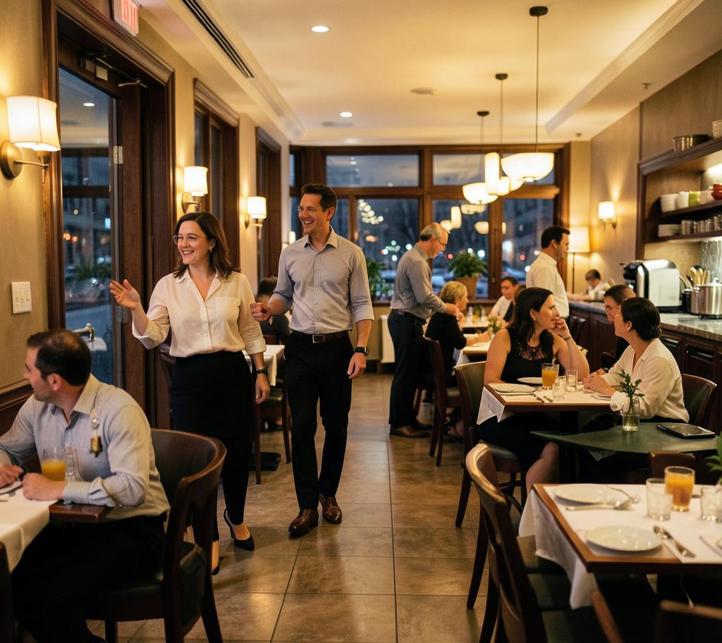 Servicemitarbeiterin begrüßt wartende Gäste am Eingang eines gut besuchten Restaurants